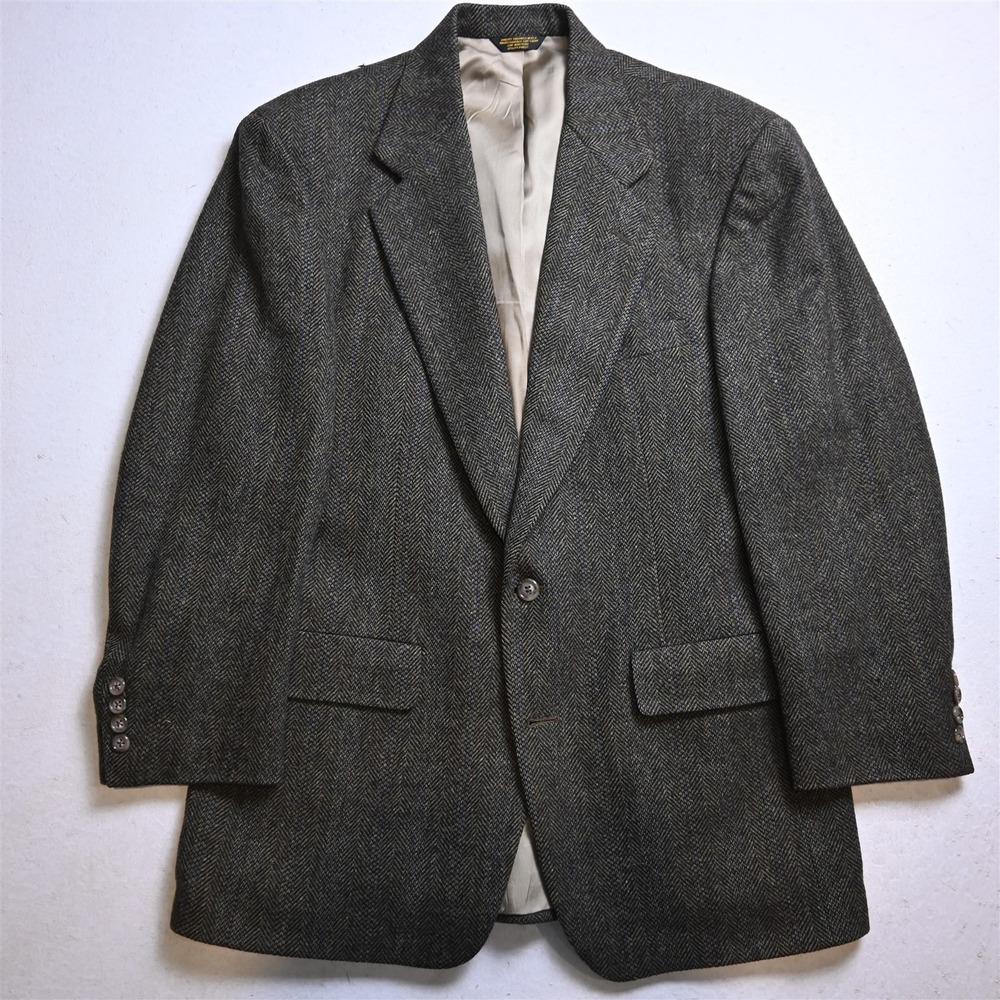 Vtg USA 40S Green Herringbone 100% Wool Tweed Blazer Suit Jacket Sport Coat
